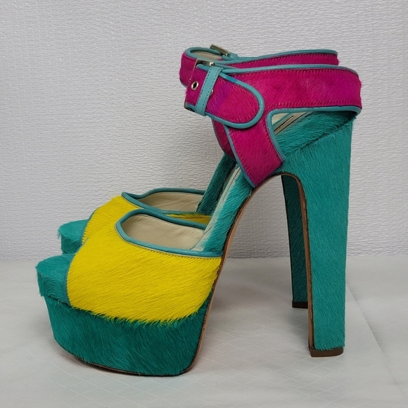 Brian Atwood Karin Multicolor Pony Hair Platform High Heel Sandal Shoes Size 39 - Picture 13 of 13